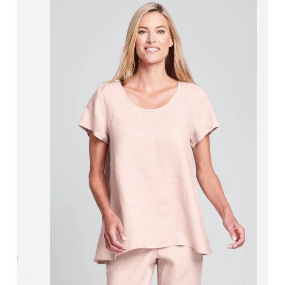 FLAX 100% Linen Blossom Tunic Top S Pink Button Back Lagenlook Coastal Relaxed